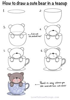 how to draw a cute bear in a teacup step by step instructions for kids