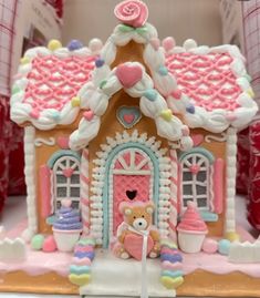 a close up of a small gingerbread house