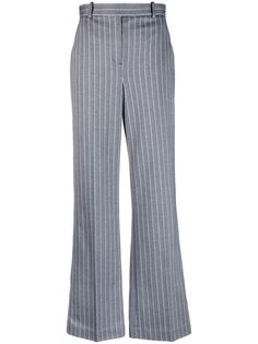 blue-grey stretch-cotton pinstripe pattern flared design off-centre front fastening belt loops wide leg rear button-fastening jetted pocket Perfect Objects, Photography Places, Model Clothes, Striped Trousers, Pinstripe Pattern, Trench Dress, Flared Trousers, Airport Fashion, Cape Coat