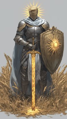 A towering male knight stands in a field of golden wheat, clad in intricate silver plate armor with subtle gold accents. His shield bears a radiant sunburst, and a glowing sword is planted before him. With helmet on, no face is visible, only a soft halo-like glow from within. This image focuses on aesthetic harmony: gentle breezes, soft light, and noble stillness. Only the quiet dignity of a lone protector. The wheat sways, the sky overcast, forming a peaceful yet resolute tableau of chivalry. His presence feels timeless and devoted, a sentinel in tranquil farmland. Golden Knight Art, Templar Aesthetic, Modern Knight, Shield Knight, Angel Knight, Sun Warrior, Dessin Game Of Thrones, Knight Warrior, Golden Field