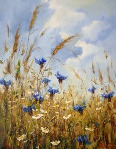 an oil painting of blue flowers and grass on a sunny day with clouds in the background