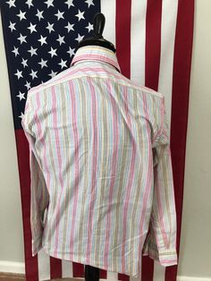 "Description: -In Good Shape Overall -Pastel Red Striped Pattern -70s Fashion Defects: Loose Label. ID: 3c122 Measurements: M Chest (Armpit to Armpit): 22.5\" Shoulders (Across Back): 19.5\" Back Length (No Collar): 32\" Sleeve (Collar Center to End of Sleeve): 34.5\" Overall (Front) Length: 27\"" Multicolor Spread Collar Shirt For Spring, Red Spread Collar Top For Spring, Vintage Spread Collar Shirt For Spring, Vintage Shirt With Spread Collar For Spring, Fitted Striped Shirt For Spring, Retro Spread Collar Shirt For Spring, Retro Shirt With Spread Collar For Spring, Fitted Multicolor Shirt For Spring, Retro Spring Shirt With Spread Collar