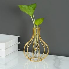 a gold vase with a green plant in it on a table next to a stack of books