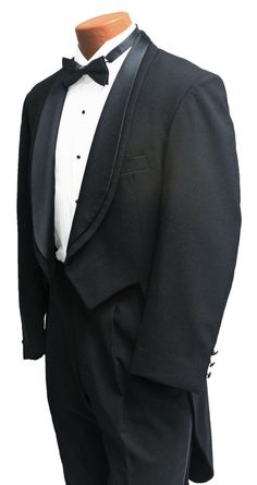 Black Oscar de la Renta Tuxedo Tailcoat This tailcoat is a quality wool tuxedo from our rental stock. This means it was originally made for the tuxedo rental industry.  It is 100% wool and far superior in quality and durability to the cheap polyester tuxedos you see flooding eBay now. This item is in great shape and perfect for any formal event.   This listing is for a black Oscar de la Renta Fulldress tuxedo tailcoat. Two button full-dress styling with a framed sha Black Wedding Tuxedo Groom Attire, Long Tail Tuxedo Men, Tailcoat Tuxedo, Lapel Collar Tuxedo For Black-tie Events, Tail Coat Suit, Tuxedo Tailcoat, Classic Notch Lapel Tuxedo For Black-tie Events, Elegant Tuxedo With Bow For Black-tie Events, Full Dress