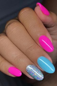 39 Summer Nails that you need to try.  The hottest trends and colors for nails in 2019 including fluo nails, rainbow, classy, bright ombre and simple pretty styles nails too. #summernails No Glitter Nails, Popular Acrylic Nails Almond, Rainbow Nail Art Designs Bright Colors, Two Nail Colors Ideas, Bright Dip Powder Nails, Bright Classy Summer Nails, Bright Gel Nail Colors, Classy Fun Nails, Summer Gel Nails Colors