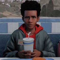 an animated man holding a drink with a candle in his mouth