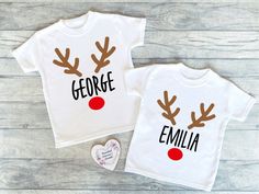 Celebrate Christmas this year with a beautifully personalised t shirt for all the children in the family.  Our t-shirts are a perfect way to document this years Christmas, to be given as a Christmas gift or to be worn in photos as a beautiful keepsake.  This design features an illustration of Rudolph with your child's name shown in the middle of the design in a bold font.  To make this collection even more special, there are sizes that are perfect for all the family. With sizes staring at 0-3 months, baby's and children can all match their outfits this Christmas! All our clothing is 100% soft touch cotton, which is perfect for baby's delicate skin. All of our items are personalised to your specification, simply tell us what personalisation you would like, and we will make a truly unique it Matching Christmas Jumpers, Christmas Shirt Ideas, Shirts Vinyl, Christmas Shirts For Kids, Family Christmas Party, Christmas Crafts For Gifts, Crafts For Gifts, Christmas Time Is Here, Childrens Christmas