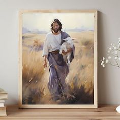 a painting of jesus carrying a lamb in a field