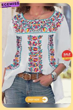 Floral Printing Cotton Blends Shirt & Top Long Sleeve T-shirt For Spring Vacation, Patterned Crew Neck Top For Vacation, Multicolor Crew Neck Blouse With Relaxed Fit, Bohemian Crew Neck Printed Blouse, Multicolor Long Sleeve Summer T-shirt, Bohemian Crew Neck Shirt For Vacation, Bohemian Printed Crew Neck Blouse, Long Sleeve Printed T-shirt For Vacation, White Bohemian Crew Neck Top