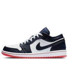 The Air Jordan 1 Retro Low 'Obsidian Ember Glow' is a classic basketball sneaker that was first released in 1985. Inspired by the popular AirForce 1 of the time, it features a reduced midsole thickness for a lighter weight and improved ground feel. The iconic wings logo and Air Sole cushioning in the heel provide a stylish and comfortable fit. The obsidian and ember glow upper is contrasted by white leather at the toe and ankle, and the heel is finished with a colorful ball and wings logo. Perfe Sporty Jordan Shoes With Gum Sole For Sports, Navy Low-top Basketball Shoes For Streetwear, Throwback Low-top Jordan Shoes For Basketball, Throwback Round Toe Basketball Sneakers, Sporty Jordan Shoes With Gum Sole, Navy Low-top Basketball Shoes With Rubber Sole, Classic Low-top Jordan Shoes, Throwback Low-top Jordan Shoes, Navy Low-top Sneakers With Boost Midsole