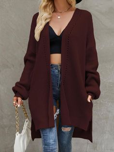 Women Autumn Long Cardigan Winter Knit Cardigan Long Sleeve Open Front Split Hem Knitwear Sweater Trendy V-neck Outerwear For Vacation, V-neck Winter Outerwear For Vacation, Oversized V-neck Cardigan For Vacation, Trendy Long Sleeve Cardigan For Beach, Oversized Knit Cardigan For The Beach, Oversized Knit Cardigan For Beach, Non-stretch Open Front Cardigan For Day Out, Trendy Fall Beach Cardigan, Open Front Knit Outerwear For The Beach