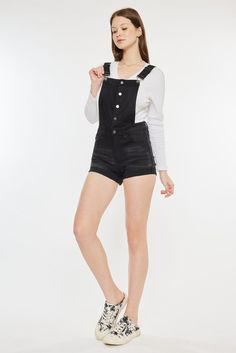 Micah High Rise Overall Shorts - Official Kancan USA Trendy Black Shortalls For Summer, Black Bottoms With Suspenders For Spring, Black Overalls With Adjustable Straps For Summer, Black Summer Overalls With Adjustable Straps, Black Bottoms With Suspenders For Summer, Summer Black Bottoms With Suspenders, Everyday Activities, 5 S, Overall Shorts