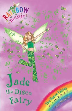 the rainbow magic jade the disco fairy is flying through the sky with her green wings