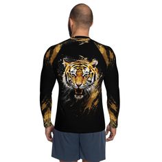 Don't let sunburn, wind, sand, or other elements ruin your day! This Men's Smooth & Versatile Rash Guard Activewear Shirt with a Unique Tiger Design will protect you while you have fun doing sports. It is slim-fitted with flat ergonomic seams, and a bit longer than your casual tee for extra comfort and protection. * 82% polyester, 18% spandex * Very soft four-way stretch fabric that stretches and recovers on the cross and lengthwise grains * UPF 50+ * Comfortable longer body and sleeves * Flat s Weightlifting Shirts, Flat Seam, Unique Beach, Tiger Design, Beach Casual, Casual Tee, Rash Guard, Sizing Chart, Weight Lifting