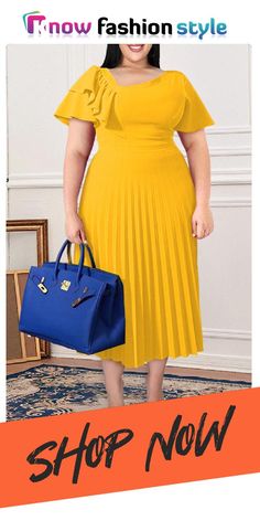 Yellow Fashion Casual Solid Patchwork Oblique Collar Pleated Plus Size Dresses Elegant Spliced Midi Dress For Summer, Elegant Spring Midi Dress With Splicing, Yellow Solid Color Midi Dress For Party, Yellow Office, Yellow Pants, Family Picture Outfits, Evening Party Gowns, Plus Size Fashion For Women, Plus Size Pants