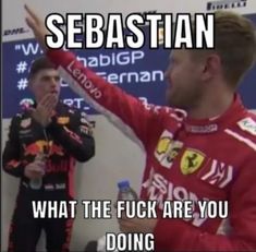 the two men are talking to each other in front of a sign that says sebastian what the fock are you doing