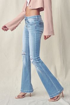 Mid Rise Jeans Outfit, Distressed Flare Jeans, Mid Rise Flare Jeans, Minimal Accessories, Fresh Kicks, White Bodysuit, Jeans Button, Denim Flares, Girls Jeans