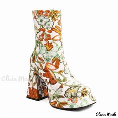 Olivia Mark - Printed Waterproof Platform Boots with Chunky High Heels, Side Zipper, and Martin Style Elastic Boots, Rough Heels, Flower Fabric, Zipper Shorts, Chunky High Heels, Super High Heels, Boot Print, Thick Heel, Boots Ankle