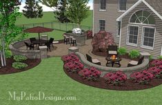 an outdoor patio with fire pit and seating area