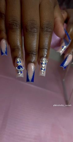 Prom Nail Ideas Royal Blue, Royal Blue Acrylic Nails With Silver, Winter Nails Royal Blue, Navy Blue White And Silver Nails, Blue Nail Designs Medium Length, Royals Blue Nails, Royal Acrylic Nails