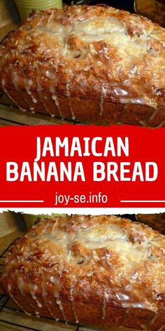 two loafs of banana bread sitting on top of a cooling rack with the words jamaican banana bread