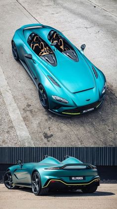 two photographs side by side of a blue sports car and the same one in color