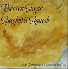 brown sugar spaghetti squash on a white plate with the words, brown sugar spaghetti squash