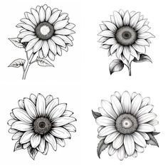 four different types of sunflowers in black and white