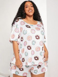 Plus Donut Print PJ Set Multicolor   Half Sleeve Knitted Fabric All Over Print Short Sets Medium Stretch  Women Plus Sleep and Lounge, size features are:Bust: ,Length: ,Sleeve Length: Plus Size Pajamas, Short Pj Set, Pyjama Set, Pajama Sets, Short Set, Pj Sets, Kids Sleepwear, Leather Leggings, Sleepwear Women