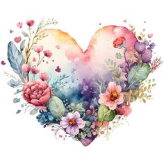 a watercolor heart with flowers and leaves