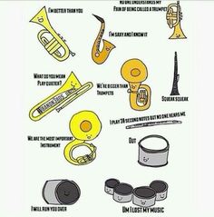 an image of musical instruments that are labeled in english and french language, including trumpets, trumpet