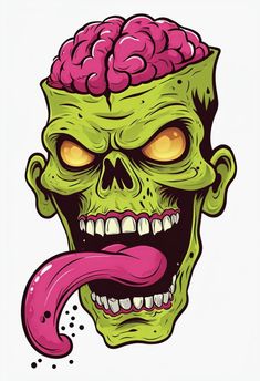 a green zombie with a pink tongue sticking out of it's mouth and brain