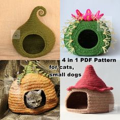 four different crocheted cat houses with cats in them