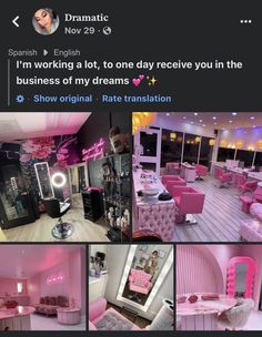 a pink room with lots of furniture and decorations