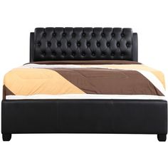 a black leather bed frame with buttons on the headboard and foot board, in front of a white background