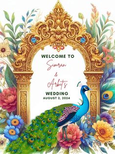 the welcome sign is decorated with flowers and a peacock in front of an ornate frame