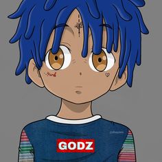 an anime character with blue hair has the word godz painted on his forehead and chest