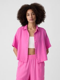 Relaxed Cropped Gauze Shirt Gauze Shirt, Women Shirt Top, Big Shirt, Cropped Shirt, Elbow Length Sleeve, Gap, Womens Shirts, Zara, Texture