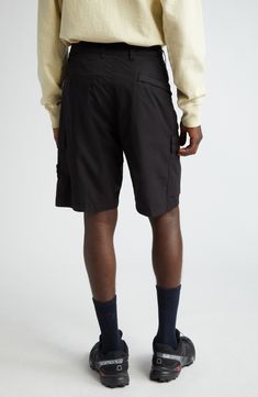 The label's signature compass patch brings adventure-ready appeal to stretch-cotton shorts equipped with plenty of handy pockets for essentials. 9" inseam; 20" leg opening; 12" front rise; 14" back rise (size 30) Zip fly with button closure Side-seam pockets; back welt pocket; cargo flap-patch pockets 97% cotton, 3% elastane Machine wash, line dry Imported Designer Clothing Outdoor Relaxed Fit Cargo Pants With Built-in Shorts, Black Cargo Pants With Built-in Shorts For Outdoor, Techwear Hiking Cargo Shorts With Side Pockets, Techwear Cargo Shorts With Pockets For Hiking, Sporty Bermuda Cargo Shorts, Cotton Techwear Cargo Shorts, Techwear Style Cotton Cargo Shorts, Black Utility Cargo Shorts For Outdoor Activities, Functional Black Cargo Shorts For Outdoor