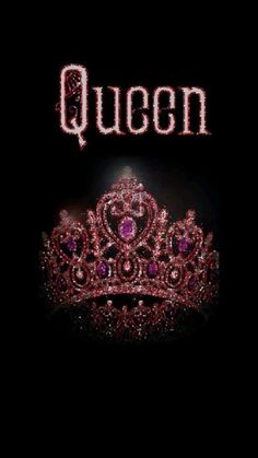 the words queen are lit up in red and pink lights on a black background with a crown