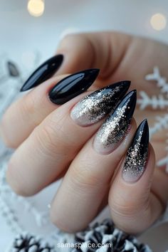 22 Navy Winter Nails Art Ideas and Designs New Moon Nails, January Nails Black, Gothic New Years Nails, New Years Black Nails, Witchy Winter Nails, Masquerade Nails Designs, New Years Nails Stiletto, Black Almond Nails Designs Glitter, Black White Ombre Nails