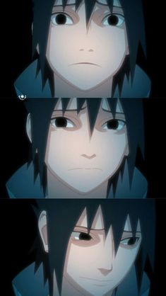 three different images of an anime character with black hair and eyes, one is staring at the