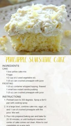 a recipe for pineapple sunshine cake on a plate