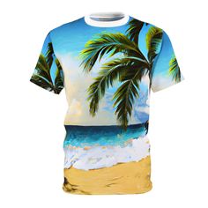 Palms and Beach, Beach Style, Abstract Style,  Unisex Tee  This tee was created to be a versatile and stylish companion for all your casual appearances. With its uniquely textured, thick, microfiber-knit fabric, this t-shirt bears a premium, soft feel that remains lightweight and highly breathable - the perfect combo for a hot day or layering. .: 100% Polyester .: Light fabric (4.0 oz/yd² (113 g/m / (6.0 oz/yd² (170 g/m .: Regular fit .: Tagless .: Runs true to size .: Assembled in the USA from globally sourced parts White Tropical T-shirt For Beach Season, Summer T-shirt With Sublimation Print And Relaxed Fit, White Shirt With Sublimation Print For The Beach, Hawaiian Top With Sublimation Print For Beach Season, Hawaiian Style Sublimation Print Top For Beach Season, Hawaiian Sublimation Print Top For Beach Season, Tropical Print T-shirt For Beach, White Tropical Print T-shirt For Vacation, Relaxed Fit Palm Tree Print Top For Vacation