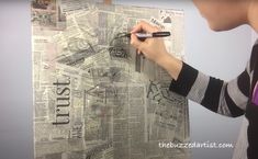 a woman holding a pen and drawing on a piece of newspaper with the word trust