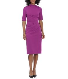 Maggy London Mock Neck Short Sleeve Draped Midi Sheath Dress | Dillard's Fitted Short Sleeve Midi Dress In Elastane, Solid Short Sleeve Midi Dress In Elastane, Bodycon Midi Dress With Short Sleeves And Flattering Silhouette, Solid Short Sleeve Midi Dress, Solid Color Short Sleeve Midi Dress, Elegant Short Sleeve Midi Dress With Elastane, Elegant Short Sleeve Elastane Midi Dress, Short Sleeve Elastane Midi Dress For Party, Short Sleeve Elastane Midi Dress