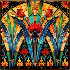 an art nouveau style stained glass panel with flowers and leaves in the center, on black background