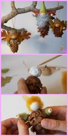 three pictures showing different stages of making an ornament with pine cones and acorns