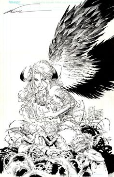 a black and white drawing of an angel sitting on top of a pile of skulls