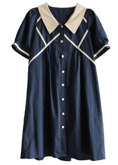 Chic Navy Peter Pan Collar Button Summer Cotton Dress Short Sleeve - SooLinen Navy Casual Dress With Buttons, Navy Summer Dress With Button Closure, Navy Buttoned Dresses For Spring, Navy Buttoned Dress For Spring, Navy Dresses With Buttons For Spring, Navy Dress With Buttons For Spring, Navy Midi-length Dress With Buttons, Retro Button-up Dresses With Buttons, Preppy Buttoned Dresses For Spring